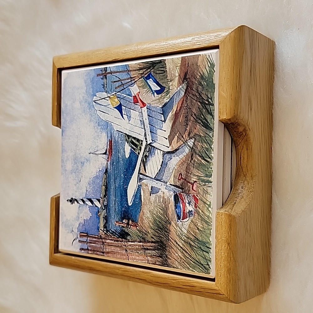 Set of 4 ceramic coasters with wood holder